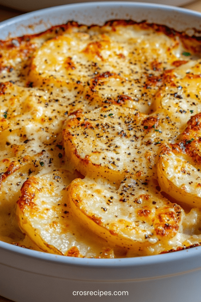 Gratin de pommes de terre à la moutarde doré au four, couches fondantes de pommes de terre nappées de sauce crémeuse, fromage gratiné et persil frais en finition.