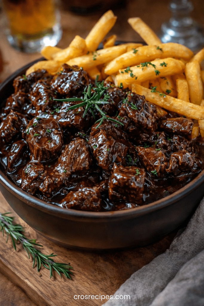 Carbonade flamande mijotée à la bière brune dans une cocotte, morceaux de bœuf fondants nappés de sauce épaisse, frites maison dorées et herbes fraîches.
