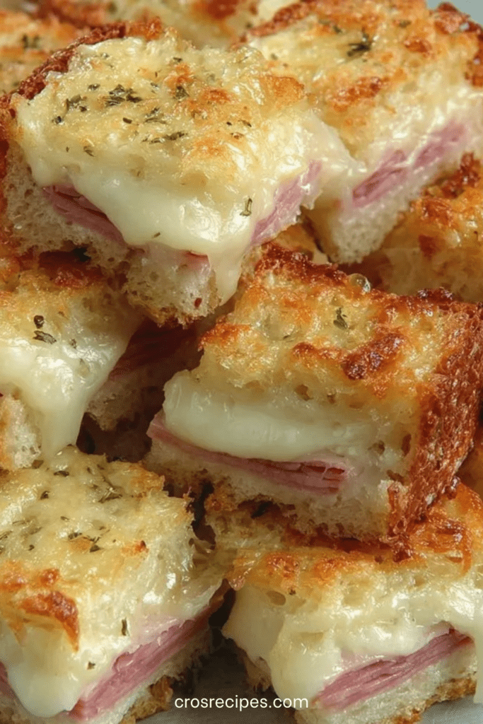 Cubes de croque-monsieur gratinés au four dans un plat, pain de mie doré et croustillant, jambon blanc, fromage fondu filant et herbes de Provence.