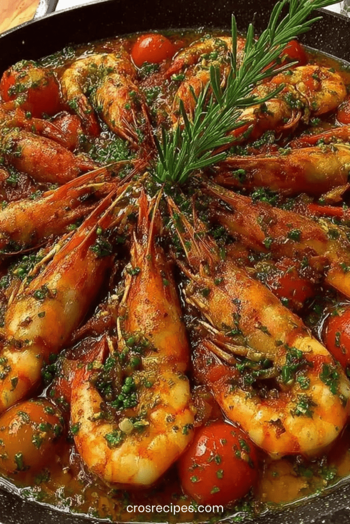 Gambas poêlées à l’ail et tomates cerises dans une grande poêle, herbes du Sud fraîches, sauce brillante à l’huile d’olive et citron, présentation chaude et ensoleillée.