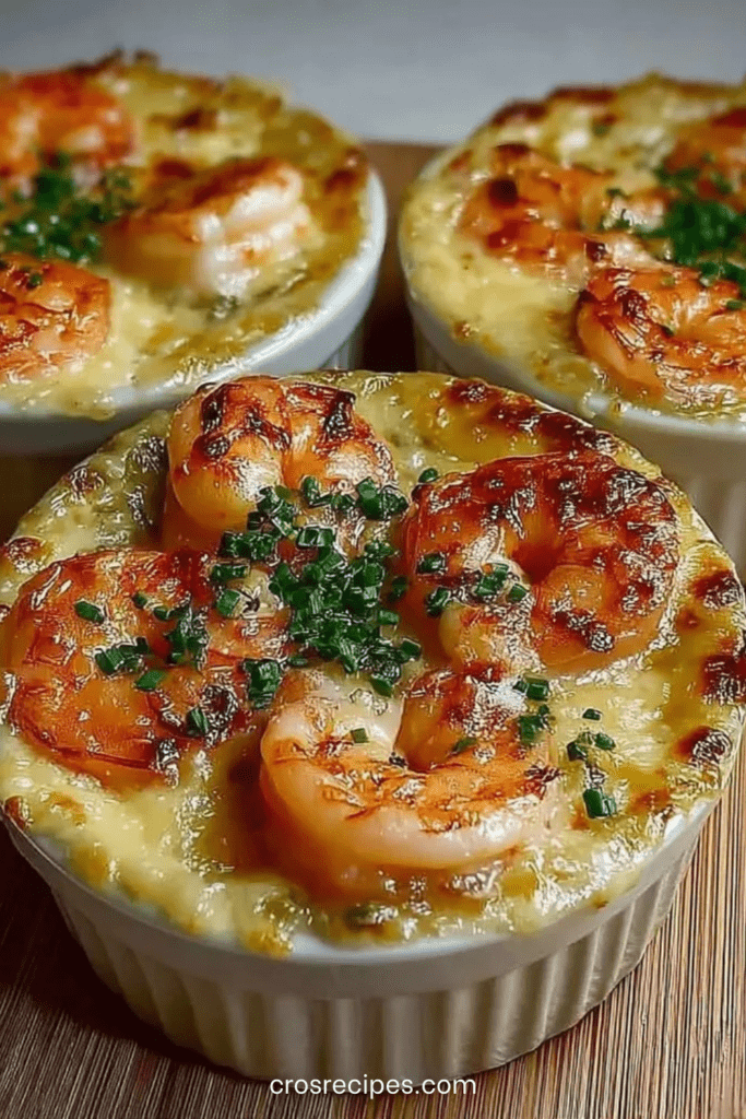 Cassolettes aux crevettes et poireaux gratinées au four, sauce crémeuse onctueuse, fromage doré, herbes fraîches et présentation chaude et gourmande.