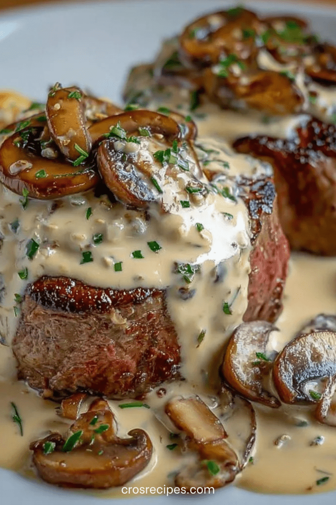 Filet mignon de porc en médaillons nappé de sauce crémeuse au Boursin, champignons dorés, persil frais et présentation chaude et gourmande dans une poêle.