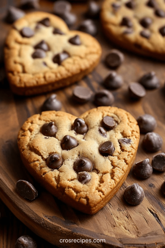 Cookies aux pépites de chocolat en forme de cœur, dorés sur les bords et moelleux au centre, pépites fondantes visibles, présentation gourmande sur une plaque.