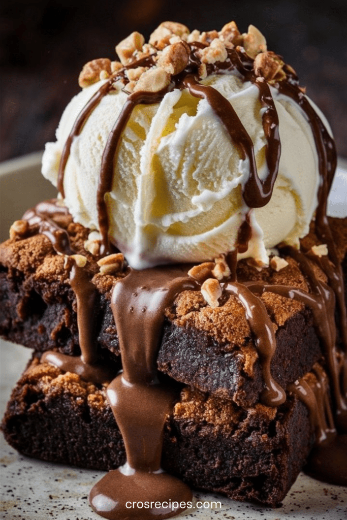 Sundae aux brownies avec brownie chaud, boule de glace vanille, sauce chocolat fondante et noix croquantes, présentation gourmande dans un bol.