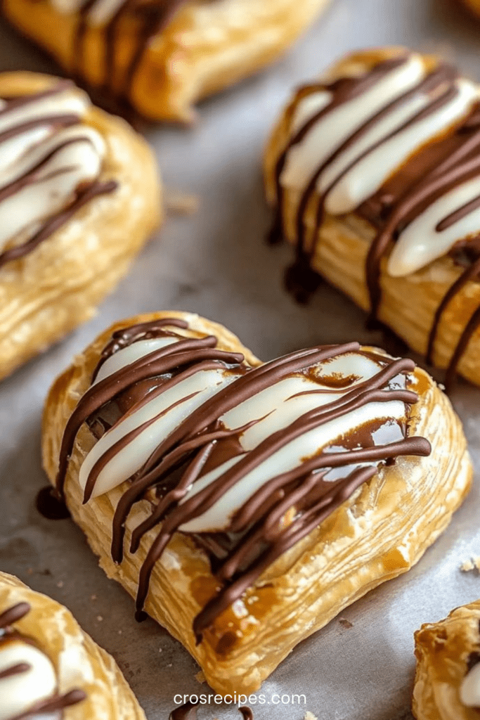 Feuilletés au chocolat en forme de cœur garnis de chocolat, pâte feuilletée dorée et croustillante, filets de chocolat au lait et blanc, présentation élégante sur assiette.
