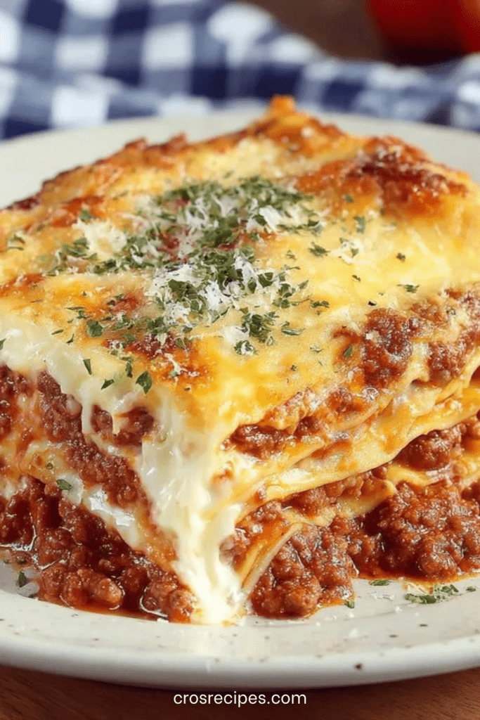 Lasagnes à la viande hachée gratinées au four, couches visibles de pâtes, sauce tomate, béchamel crémeuse et fromage doré dans un plat familial.