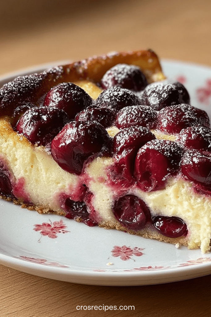 Clafoutis aux cerises maison doré au four, cerises visibles à la surface, texture fondante et moelleuse, servi dans un plat rustique sur table en bois.