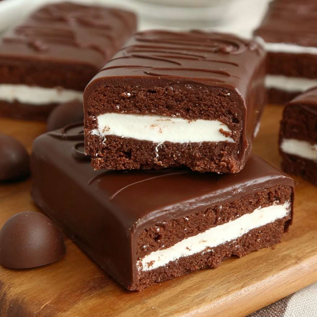 Barres chocolatées maison coupées en rectangles, enrobées de chocolat noir brillant et garnies d’un fourrage crémeux à la vanille de couleur blanche