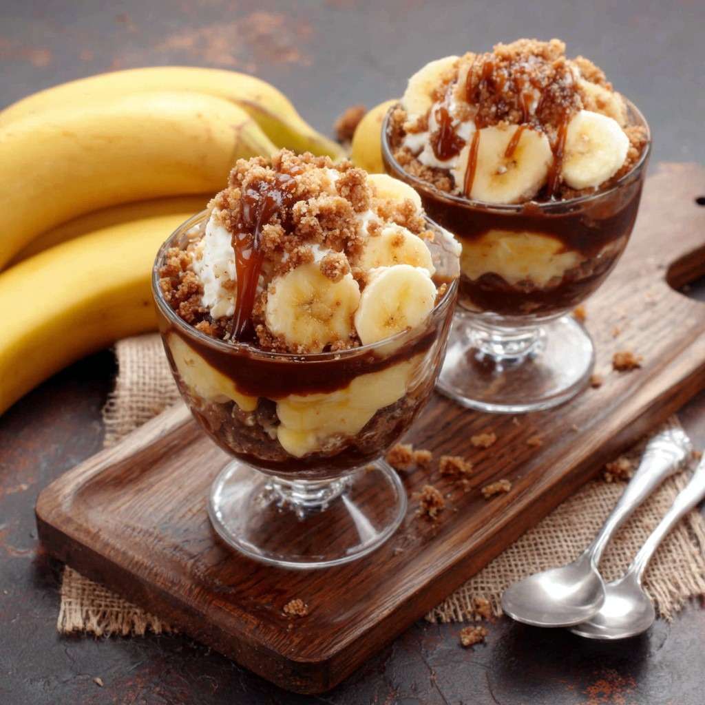 Verrines banane avec crème vanille onctueuse, caramel nappant et crumble biscuité croustillant, présentées en couches visibles.