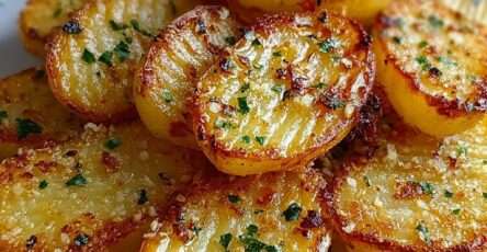 Frites de pommes de terre croustillantes au parmesan dorées au four, servies chaudes avec persil frais et texture croustillante.