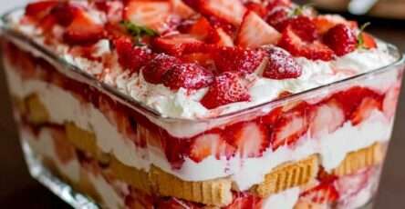 Tiramisu fraises et crème mascarpone fondante, présenté en plat en verre avec couches visibles de biscuits, fraises fraîches et crème onctueuse.