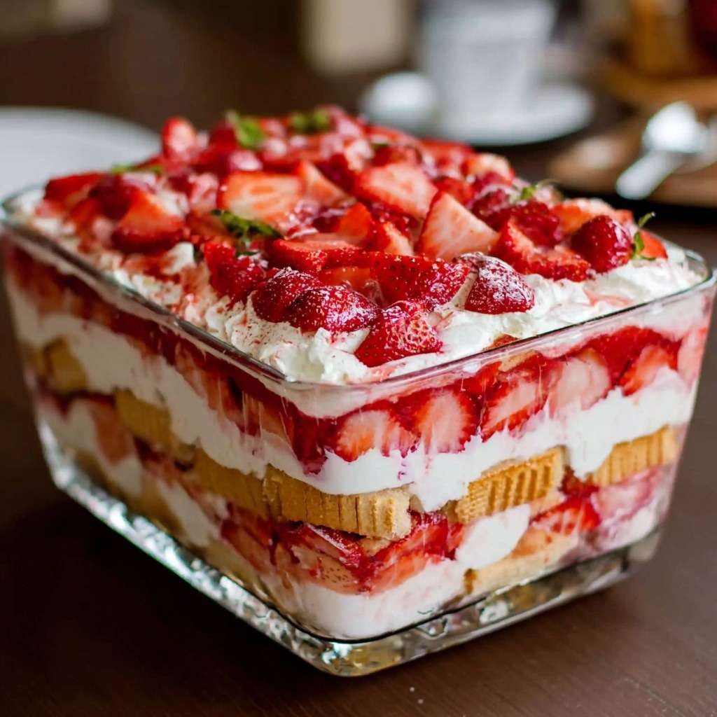 Tiramisu fraises et crème mascarpone fondante, présenté en plat en verre avec couches visibles de biscuits, fraises fraîches et crème onctueuse.