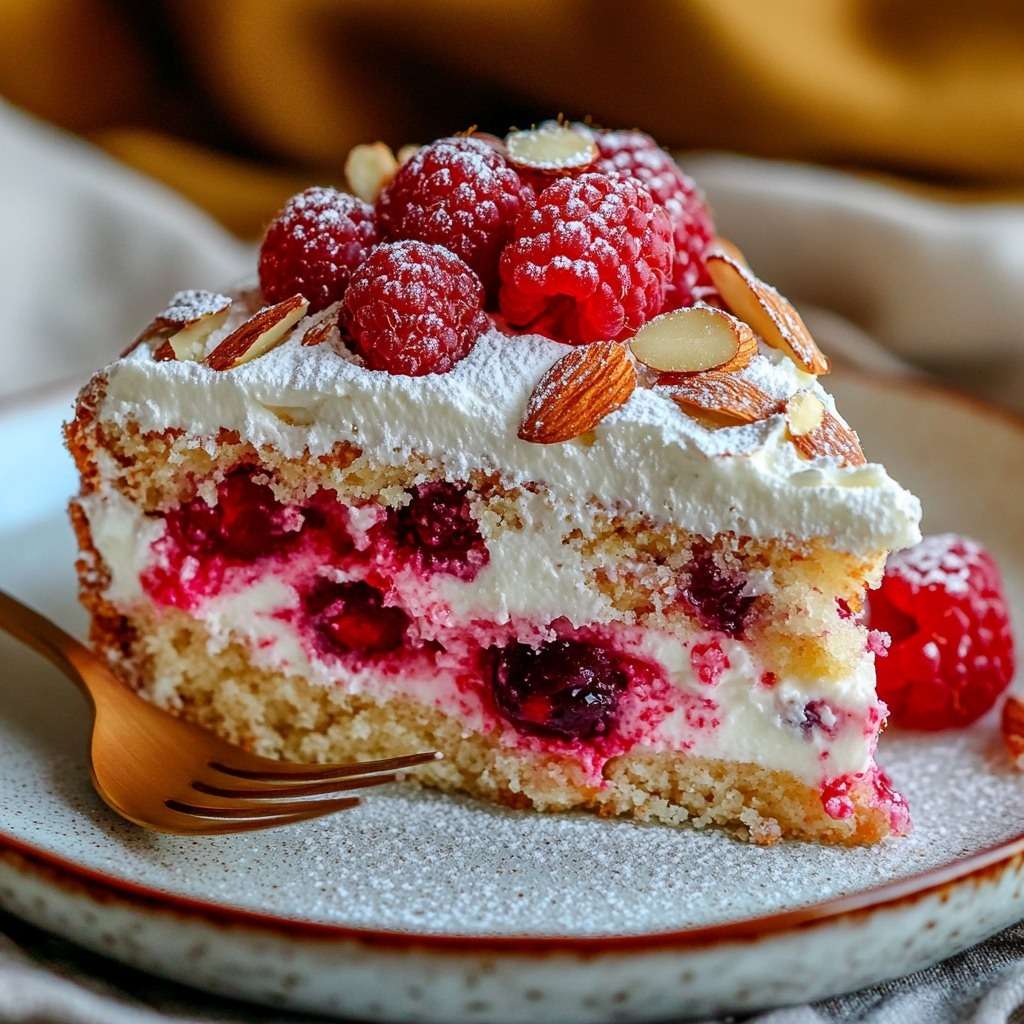 Gâteau au yaourt revisité aux framboises garni de crème légère et d’amandes effilées, présenté sur un plat avec texture moelleuse et fruits frais.