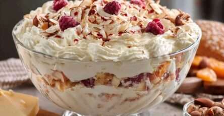 Trifle framboises à la crème vanillée et amandes, présenté en grand saladier transparent avec couches visibles de biscuit, crème et fruits rouges.