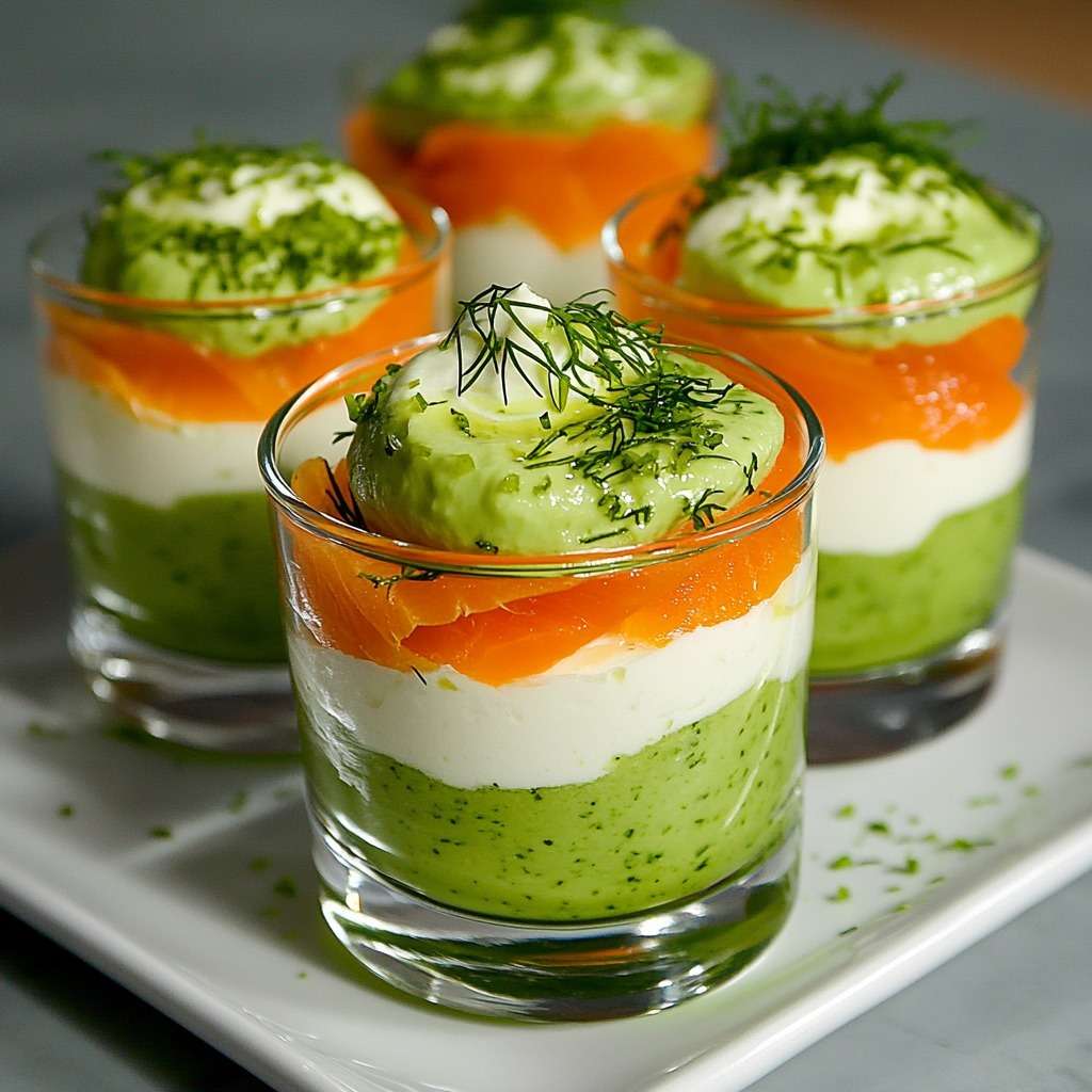Verrines avocat, saumon fumé et fromage frais en couches nettes, décorées d’aneth, servies bien fraîches dans des verres transparents.