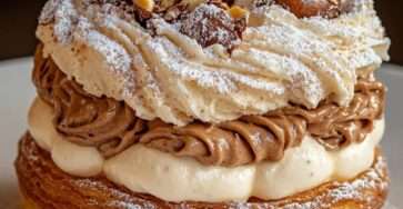 Paris-Brest praliné noisette coupé en deux, garni de crème pralinée et chantilly, décoré de noisettes concassées et sucre glace.