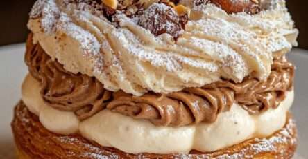 Paris-Brest praliné noisette coupé en deux, garni de crème pralinée et chantilly, décoré de noisettes concassées et sucre glace.