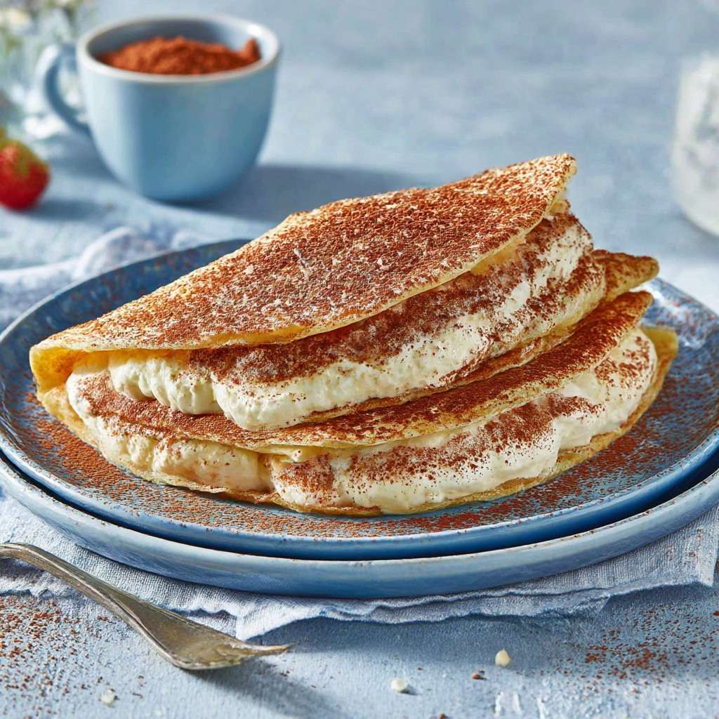 Crêpes façon tiramisu garnies de crème mascarpone onctueuse, saupoudrées de cacao, servies en dessert gourmand.