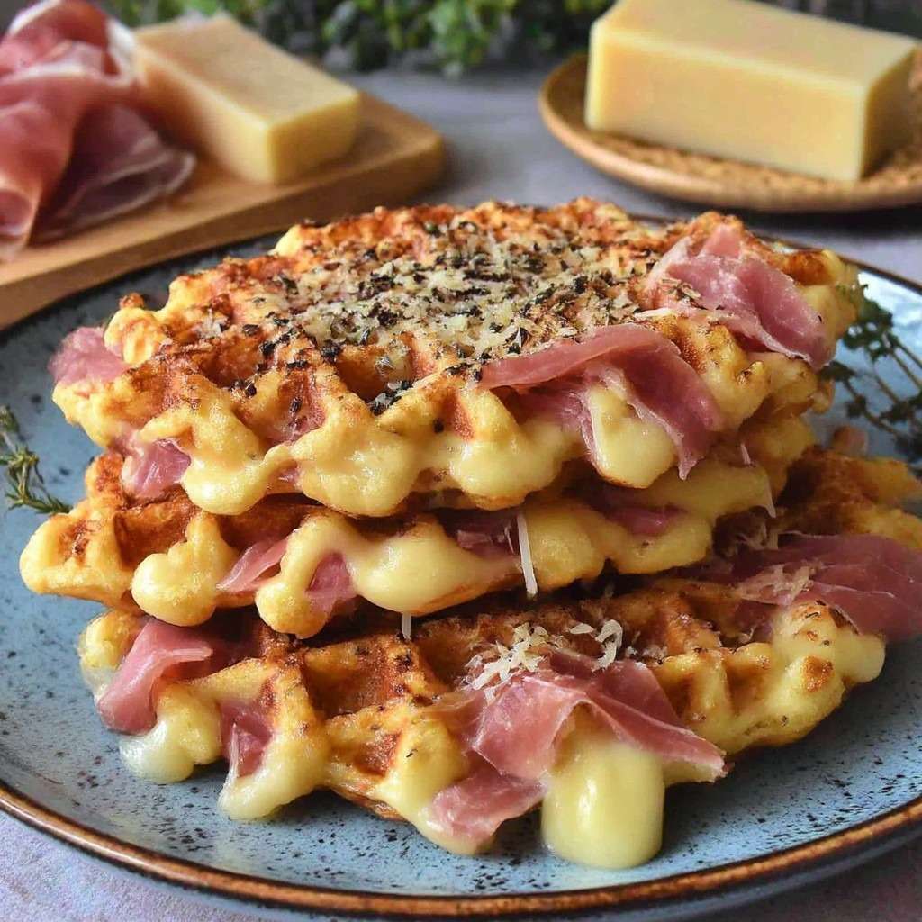 Gaufres salées dorées garnies de jambon cru et fromage fondant, servies chaudes avec une texture croustillante et un cœur coulant.