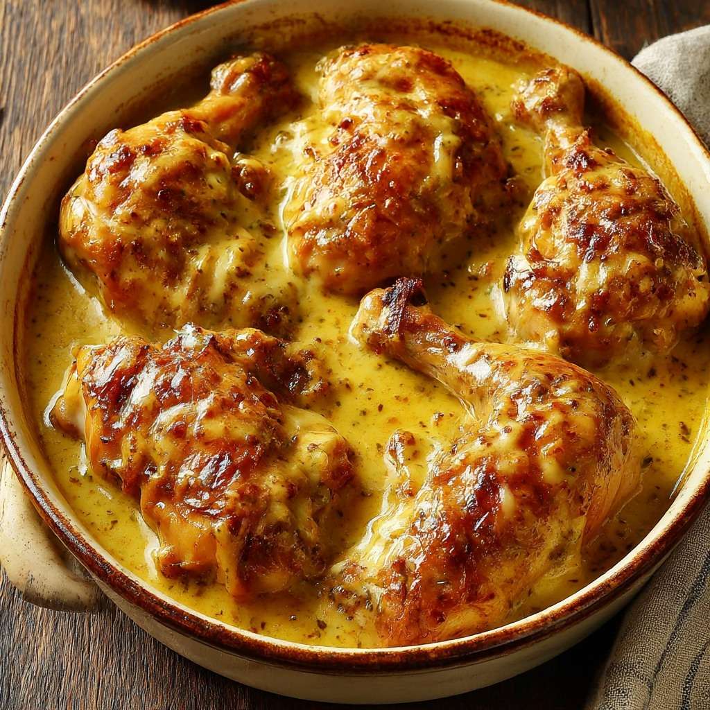 Poulet mijoté à la moutarde à l’ancienne en cocotte, cuisses de poulet fondantes nappées d’une sauce crémeuse aux oignons et moutarde.