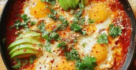 Shakshuka aux œufs coulants dans une sauce tomate, garnie d’avocat frais, feta émiettée et coriandre, servie avec pain grillé.