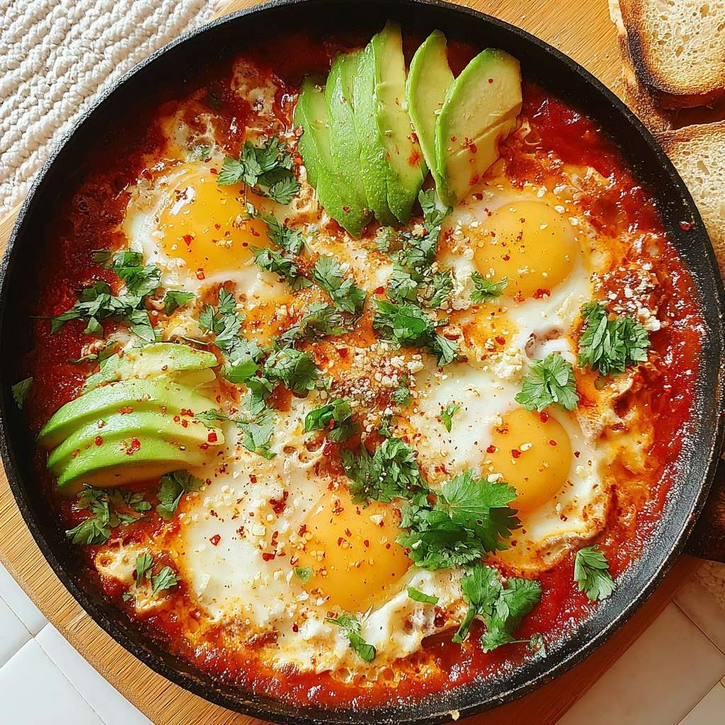 Shakshuka aux œufs coulants dans une sauce tomate, garnie d’avocat frais, feta émiettée et coriandre, servie avec pain grillé.