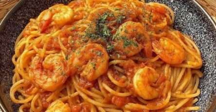 Spaghetti aux crevettes nappés de sauce tomate maison, garnis de persil, servis chauds dans une assiette de pâtes gourmandes.