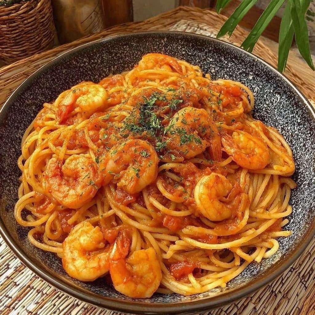 Spaghetti aux crevettes nappés de sauce tomate maison, garnis de persil, servis chauds dans une assiette de pâtes gourmandes.