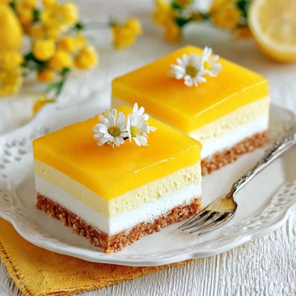 Carrés mousse mangue et vanille avec base biscuitée, couche vanille onctueuse, mousse mangue aérienne et nappage brillant, décorés de fleurs comestibles.