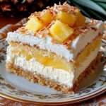 Gâteau au yaourt garni d’ananas et recouvert de crème coco onctueuse, décoré de noix de coco râpée et copeaux, présenté en dessert gourmand.