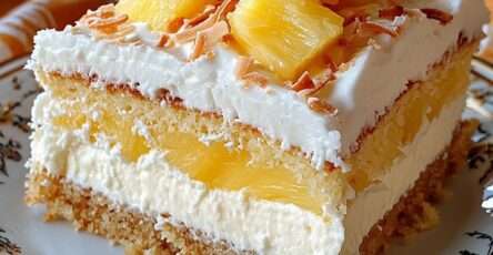 Gâteau au yaourt garni d’ananas et recouvert de crème coco onctueuse, décoré de noix de coco râpée et copeaux, présenté en dessert gourmand.