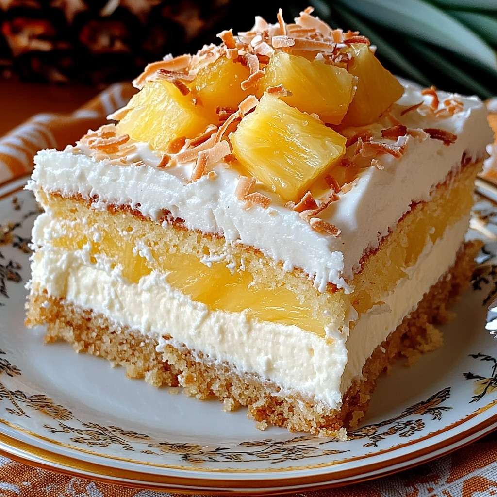 Gâteau au yaourt garni d’ananas et recouvert de crème coco onctueuse, décoré de noix de coco râpée et copeaux, présenté en dessert gourmand.