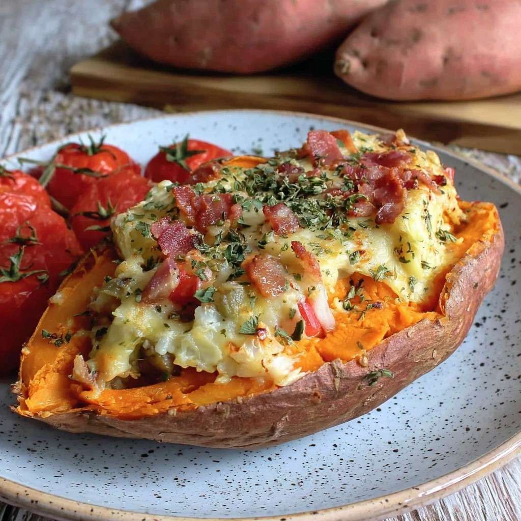 Patate douce farcie aux lardons et fromage fondu, gratinée au four, garnie de tomates cerises et persil frais, servie chaude.