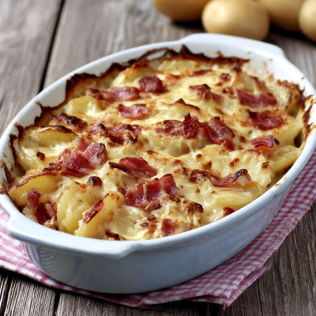 Gratin de pommes de terre aux lardons doré au four, pommes de terre fondantes, lardons fumés et crème onctueuse, servi chaud dans un plat familial.