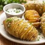 Pommes de terre Hasselback dorées et croustillantes au four, entaillées en accordéon, badigeonnées de beurre, ail et herbes fraîches.