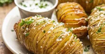 Pommes de terre Hasselback dorées et croustillantes au four, entaillées en accordéon, badigeonnées de beurre, ail et herbes fraîches.