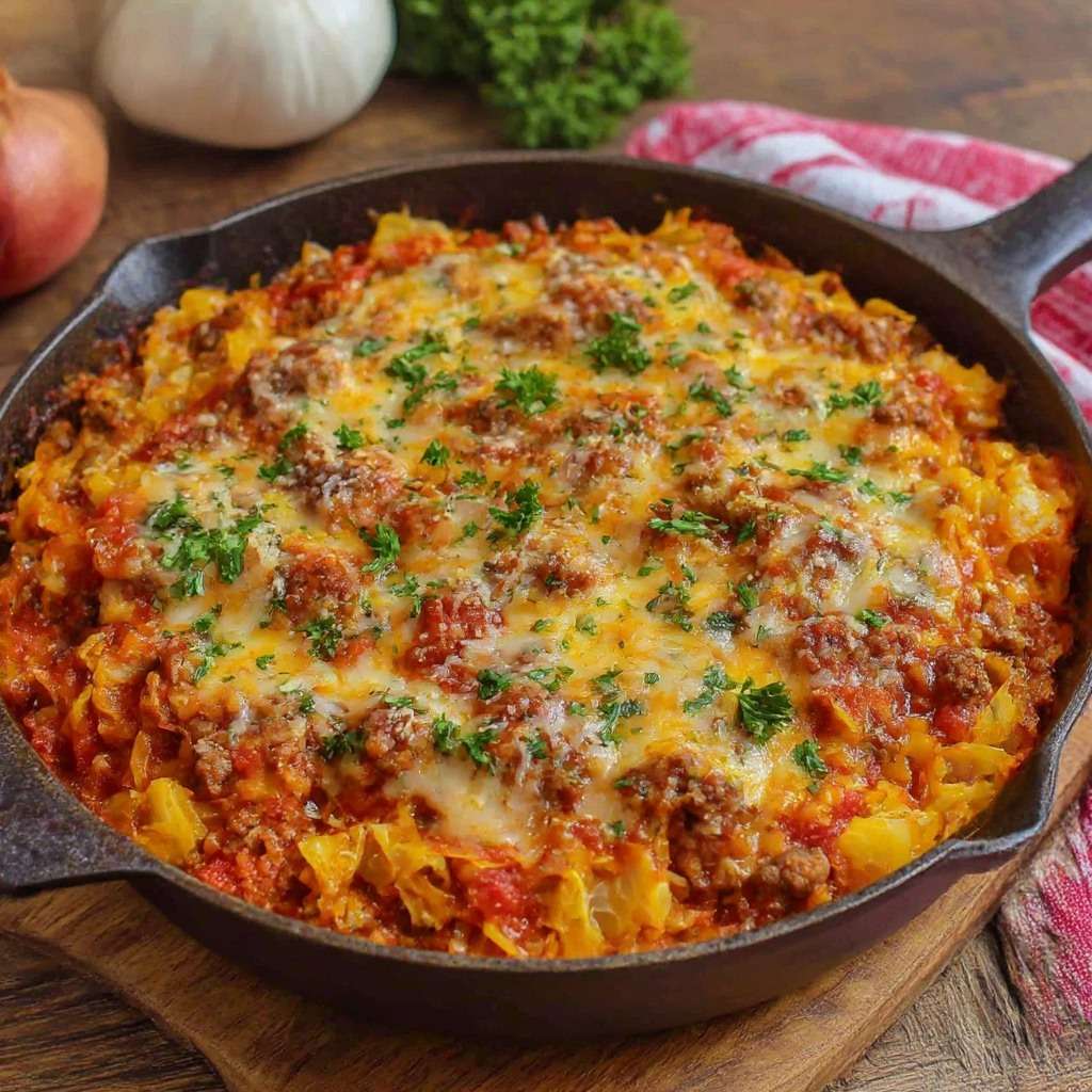 Gratin de chou blanc à la viande hachée, sauce tomate italienne et fromage fondu doré au four, servi chaud dans un plat familial.