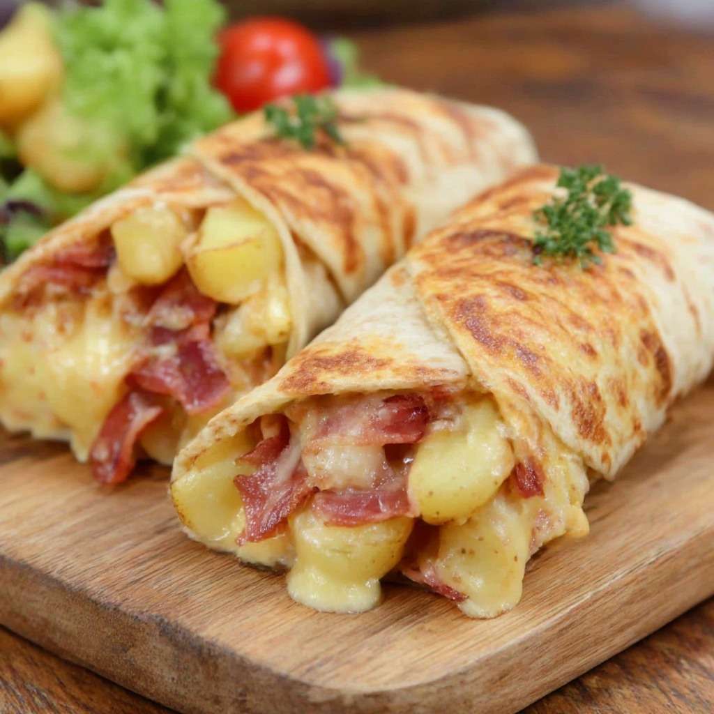 Wraps chauds garnis de pommes de terre, lardons et reblochon fondu, dorés à la poêle et servis bien chauds.