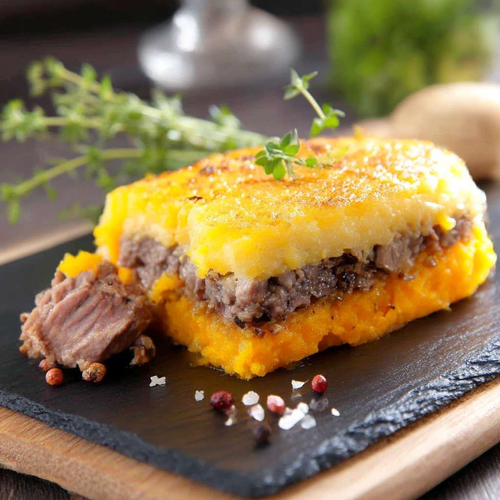 Parmentier de canard à la patate douce gratiné au four, doré sur le dessus, servi chaud dans un plat à gratin avec texture fondante.