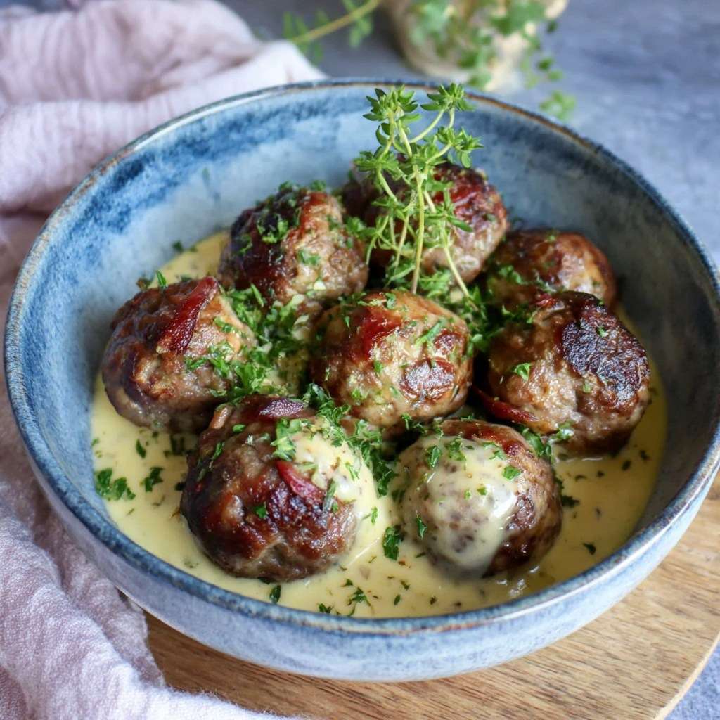 Boulettes de bœuf à la moutarde ancienne nappées de sauce crémeuse, servies chaudes dans une poêle avec herbes fraîches et texture fondante.
