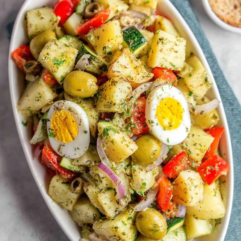 Salade italienne de pommes de terre avec œufs durs, tomates, courgettes, olives vertes et herbes fraîches, assaisonnée à l’huile d’olive. Insalata di Patate