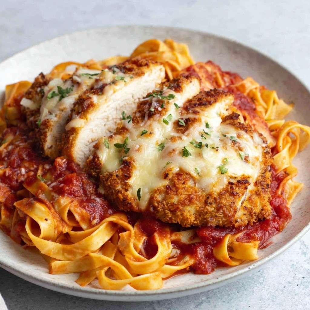 Escalope de poulet parmigiana gratinée à la mozzarella et parmesan, servie sur des tagliatelles nappées de sauce tomate italienne.