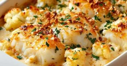 Gratin de cabillaud au chou-fleur nappé de crème, gratiné au fromage et parsemé de fruits secs dorés, servi chaud dans un plat familial.