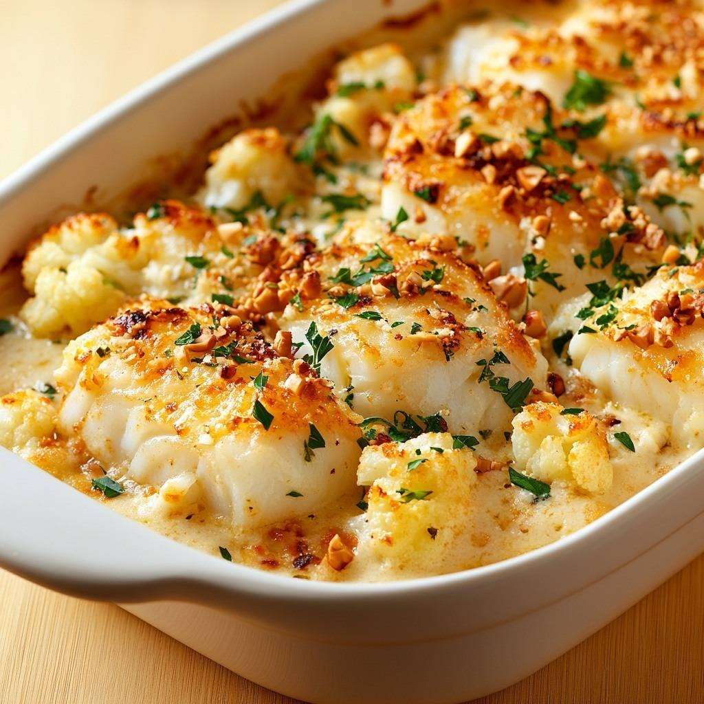 Gratin de cabillaud au chou-fleur nappé de crème, gratiné au fromage et parsemé de fruits secs dorés, servi chaud dans un plat familial.