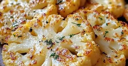 Steaks de chou-fleur rôtis dorés au four avec parmesan fondu, ail et herbes, texture croustillante, servis chauds sur plaque de cuisson.