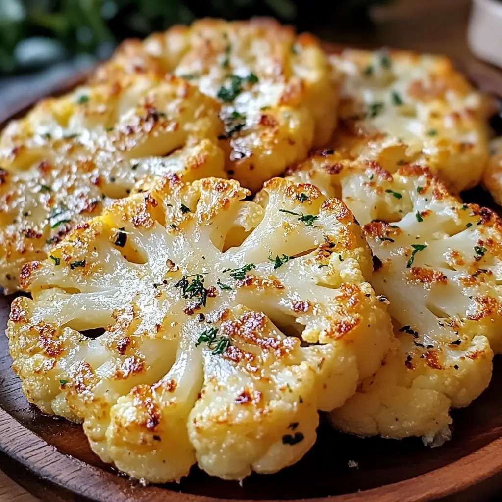 Steaks de chou-fleur rôtis dorés au four avec parmesan fondu, ail et herbes, texture croustillante, servis chauds sur plaque de cuisson.