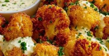 Chou-fleur croustillant au parmesan doré au four, panure croustillante, servi chaud avec sauce crémeuse au yaourt et citron sur table rustique.