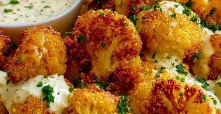 Chou-fleur croustillant au parmesan doré au four, panure croustillante, servi chaud avec sauce crémeuse au yaourt et citron sur table rustique.