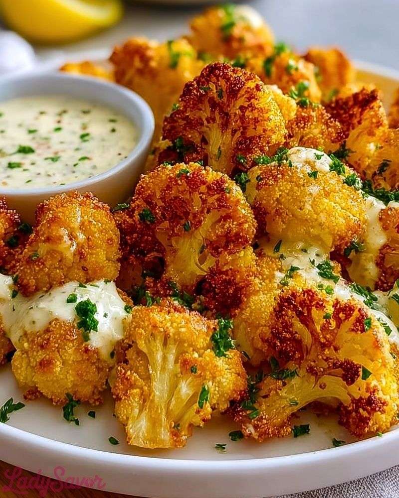 Chou-fleur croustillant au parmesan doré au four, panure croustillante, servi chaud avec sauce crémeuse au yaourt et citron sur table rustique.