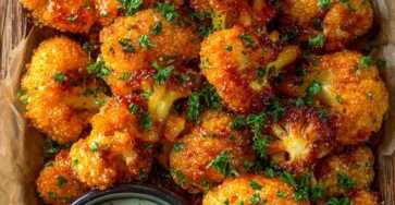 Chou-fleur croustillant épicé au four doré et pané, nappé de sauce piquante brillante, servi avec un dip crémeux au yaourt et citron.